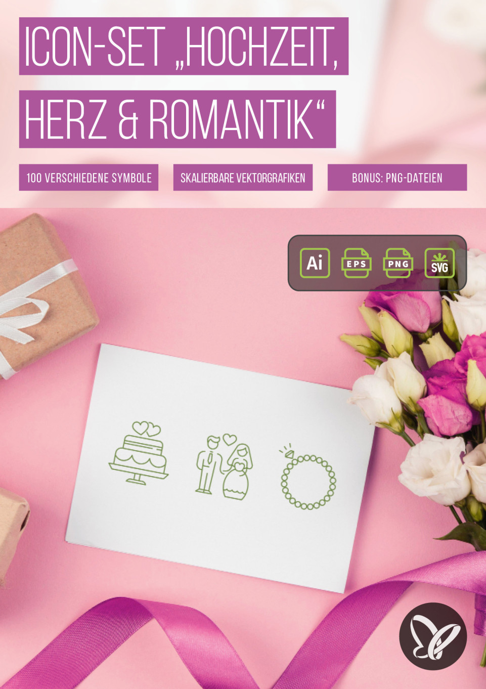 Icon-Set „Hochzeit, Herz & Romantik“ – 100 Symbole für die Liebe