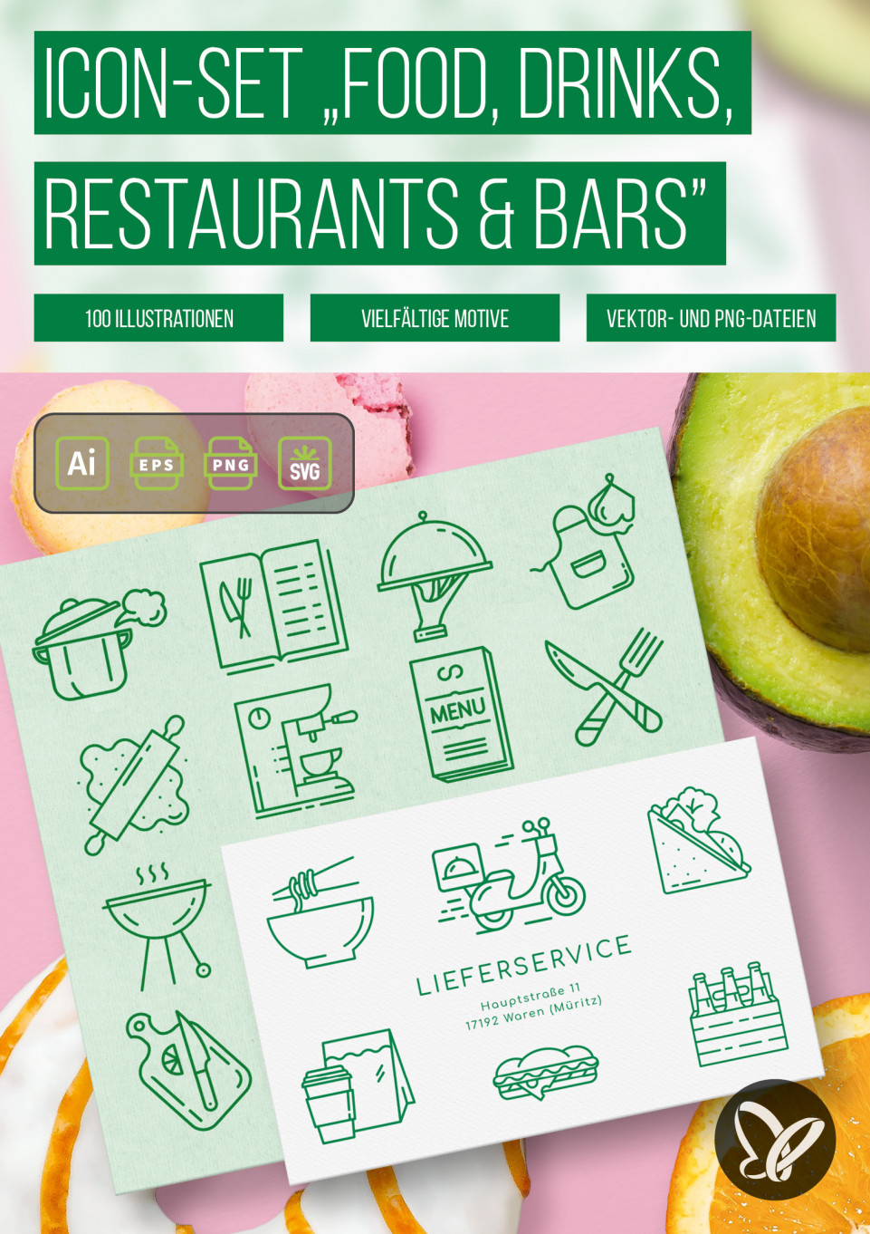 100 Icons: Food, Drinks, Restaurants und Bars