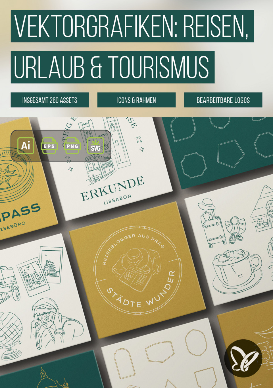 Logos, Grafiken & Rahmen rund um Reisen, Urlaub und Tourismus – 260 vektorbasierte Icons