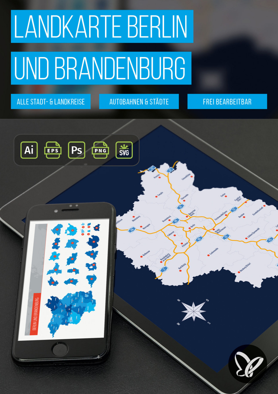 Landkarte Brandenburg mit Landkreisen und Berlin
