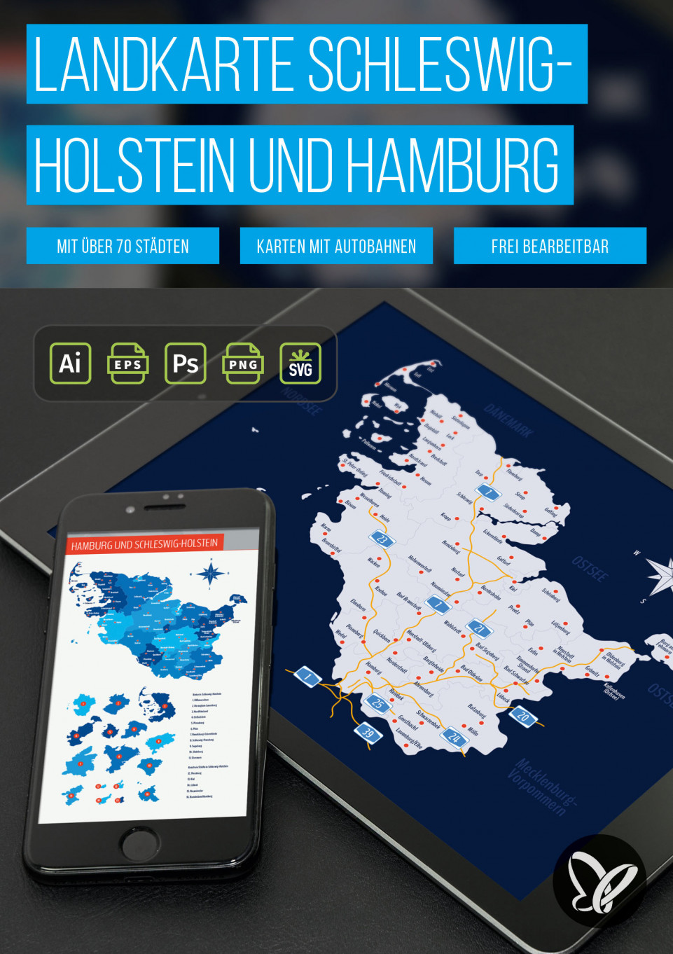 Landkarte Schleswig-Holstein mit Kreisen sowie Hamburg