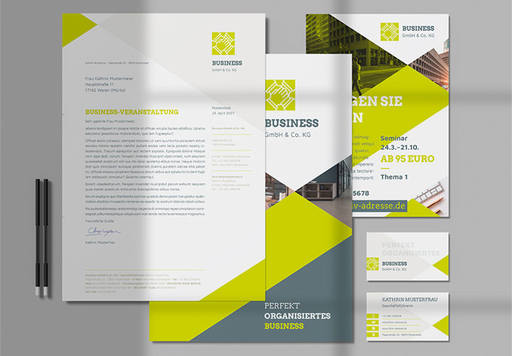 Geschäftsausstattung „Business“: Flyer, Briefpapier, Visitenkarte und Co. zum Download