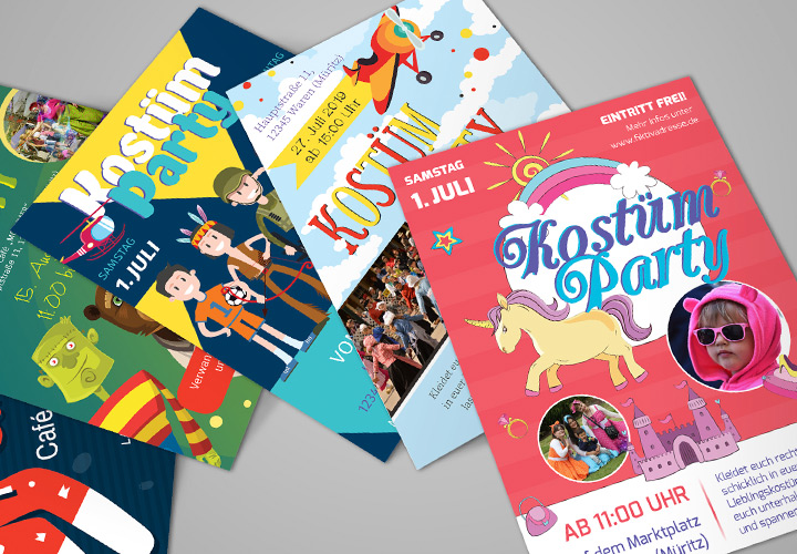 Plakate und Flyer zur Einladung zu Kinderfest, Kinderfasching und Kostümparty