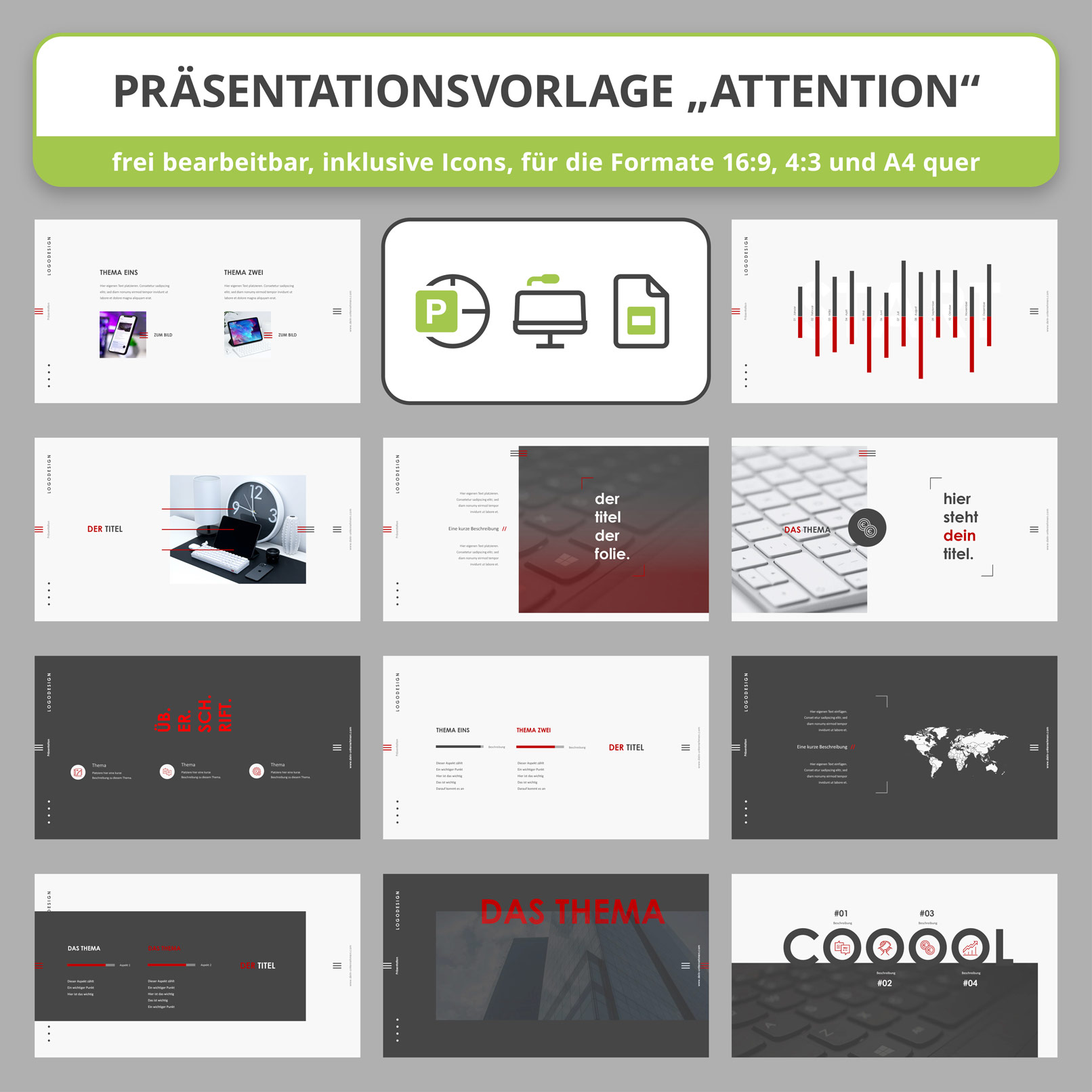Folien-Vorlagen im Attention-Design für PowerPoint, Keynote und Google Slides