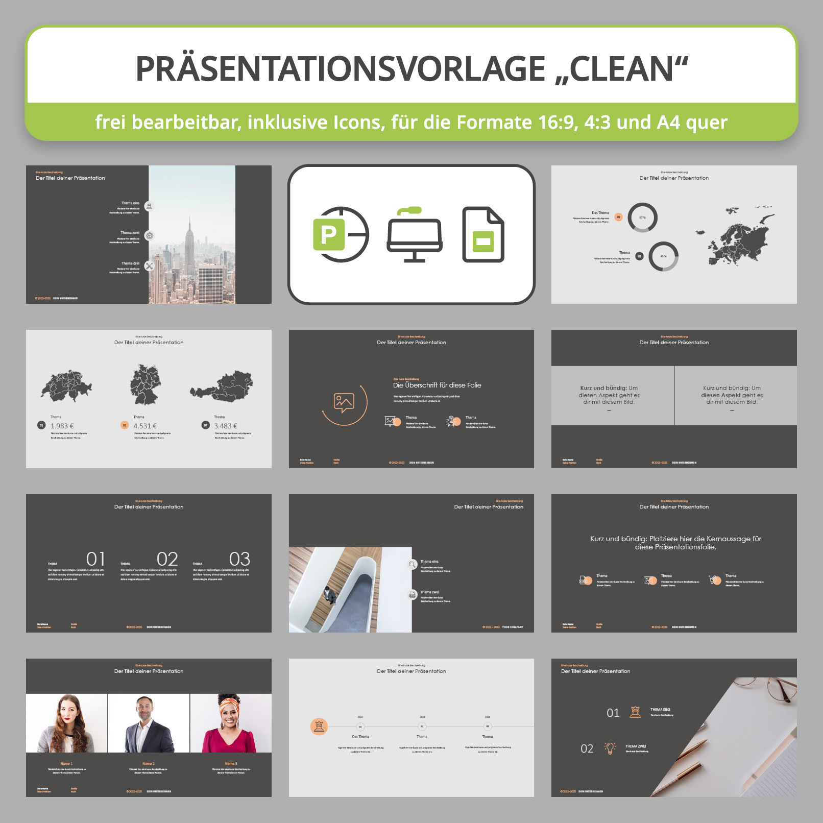 Vorschau auf Layout-Templates im Clean-Design für PowerPoint, Google Slides und Keynote
