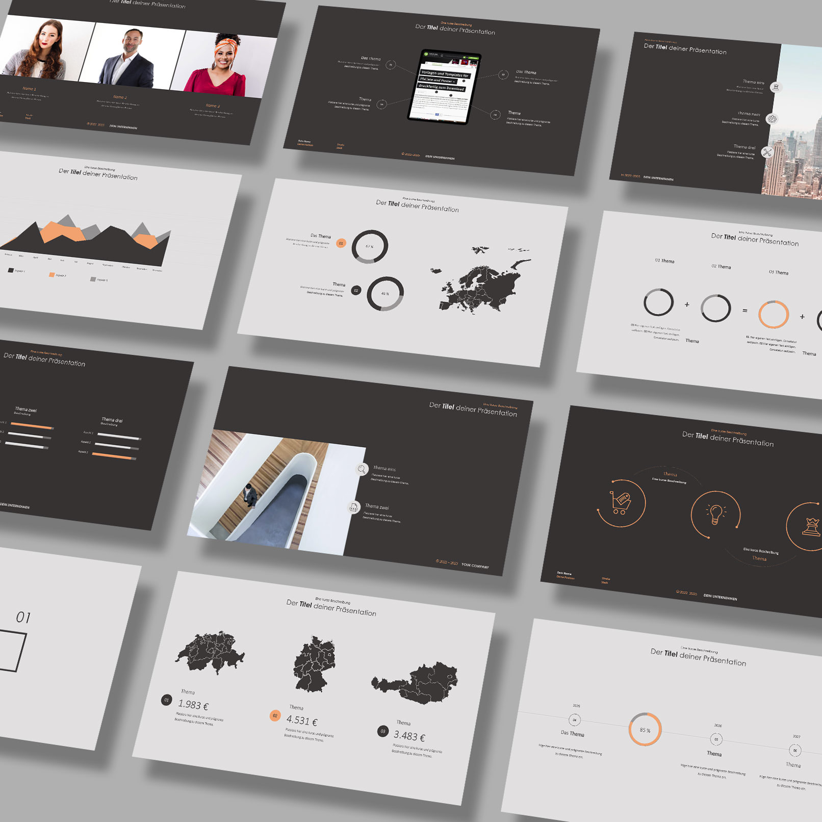 Vorschau auf Layout-Templates im Clean-Design für PowerPoint, Google Slides und Keynote