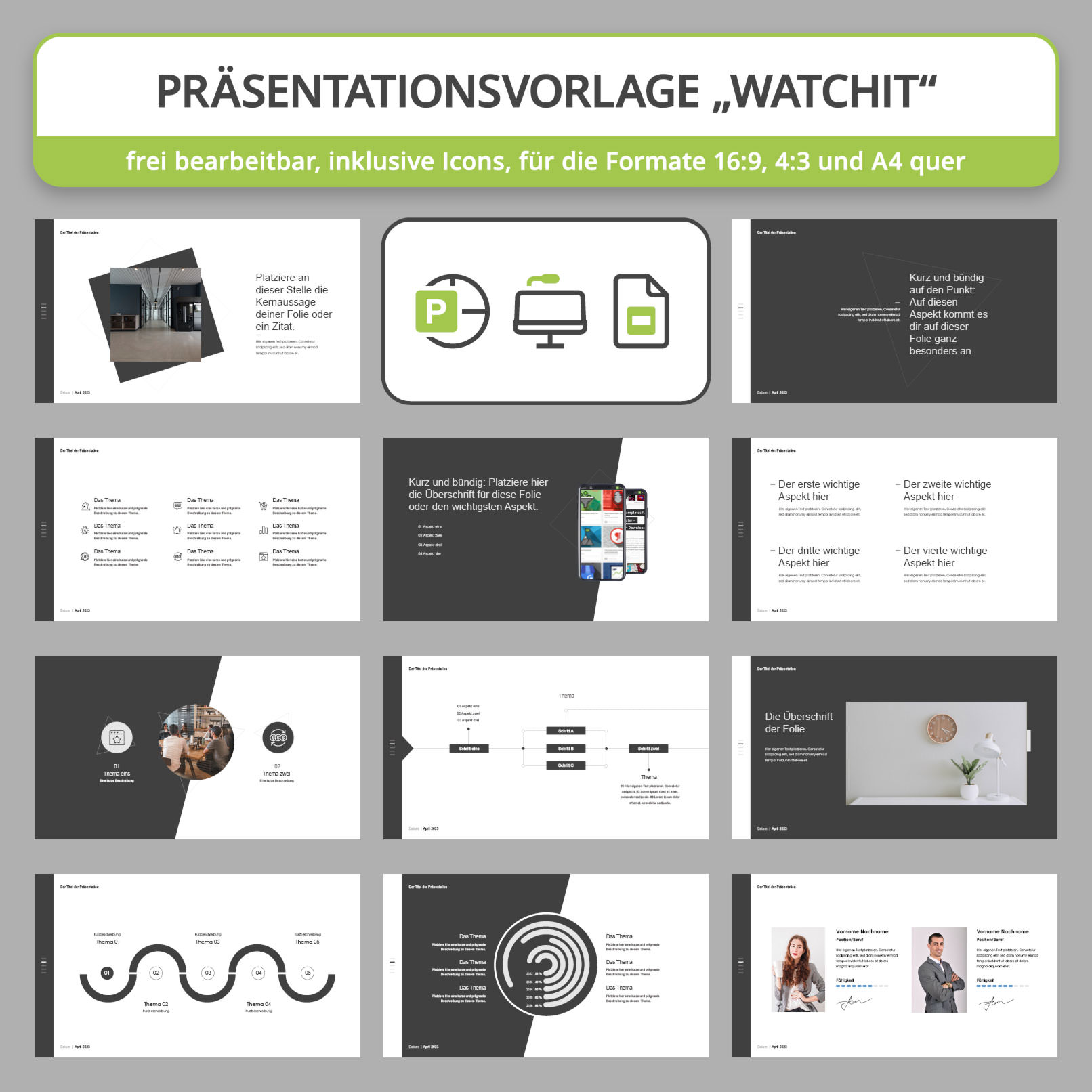 Vorschau auf Folien-Vorlagen im WatchIt-Design für PowerPoint, Google Slides und Keynote