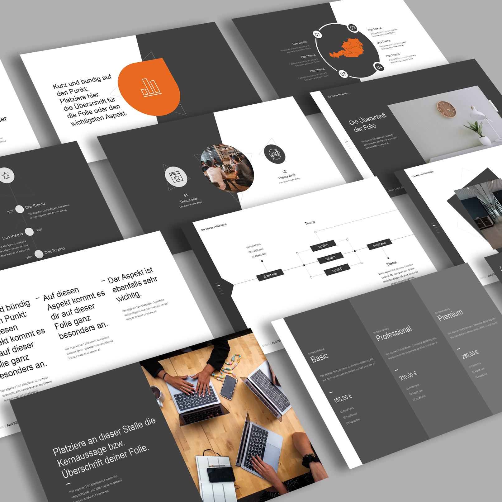 Vorschau auf Folien-Vorlagen im WatchIt-Design für PowerPoint, Google Slides und Keynote