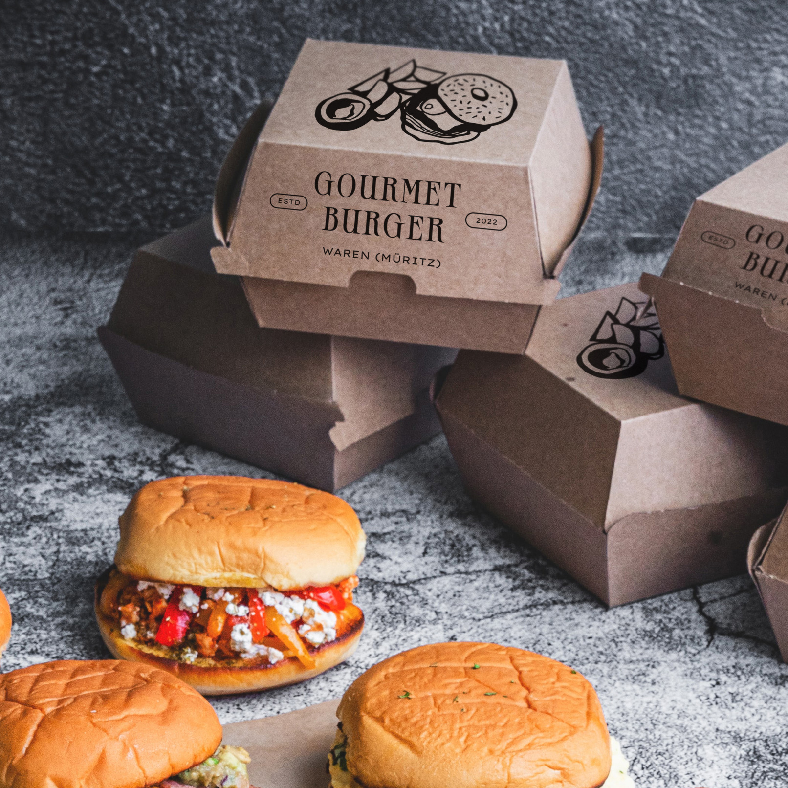 Bild von Fast Food auf einer Verpackung für Hamburger