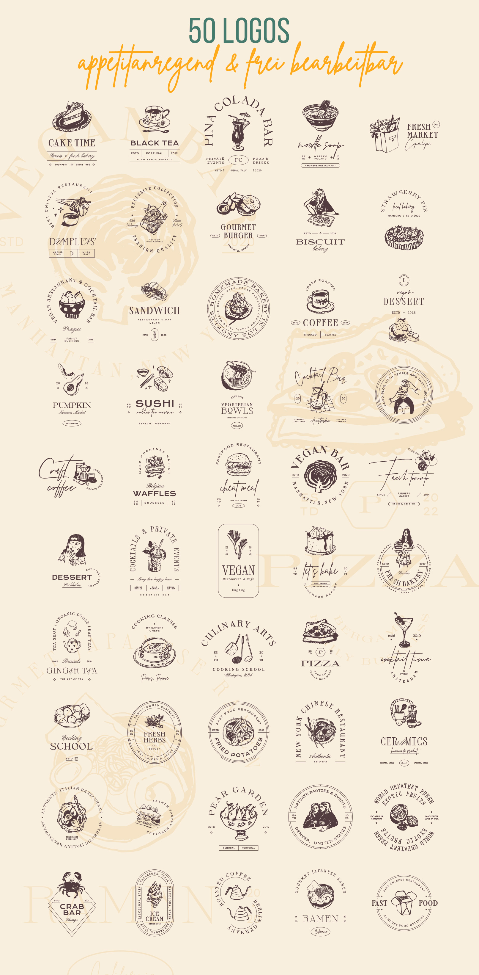 Logos mit Essen und Getränken für Restaurants, Bars, Cafés