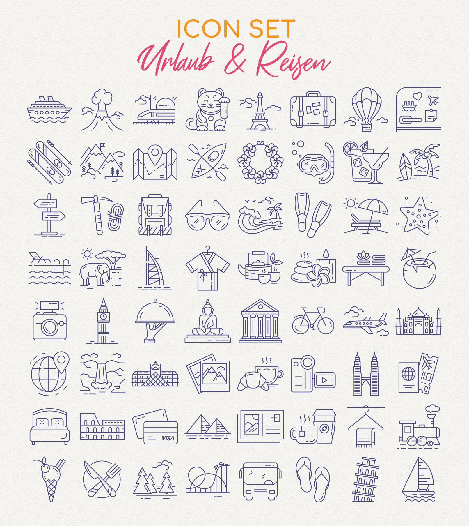 100 Icons zu den Themen Reisen und Urlaub