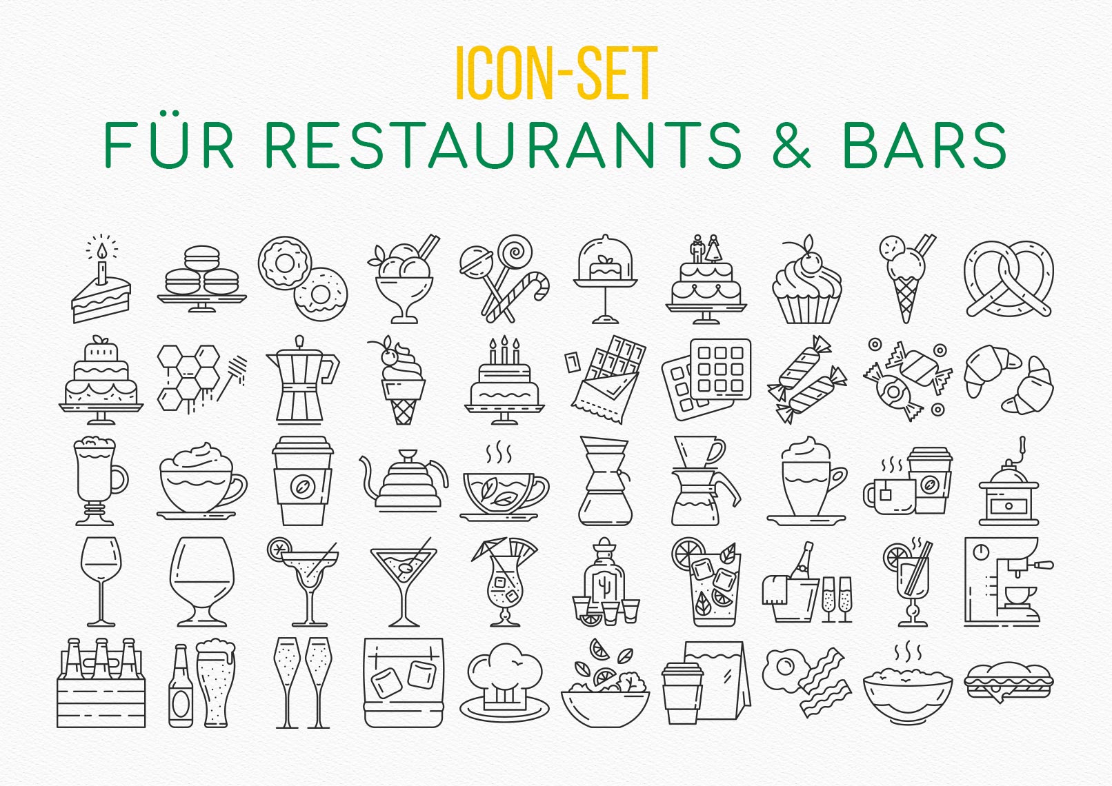 Icons zu den Themen Food und Essen, Drinks und Getränke, Restaurants und Bars