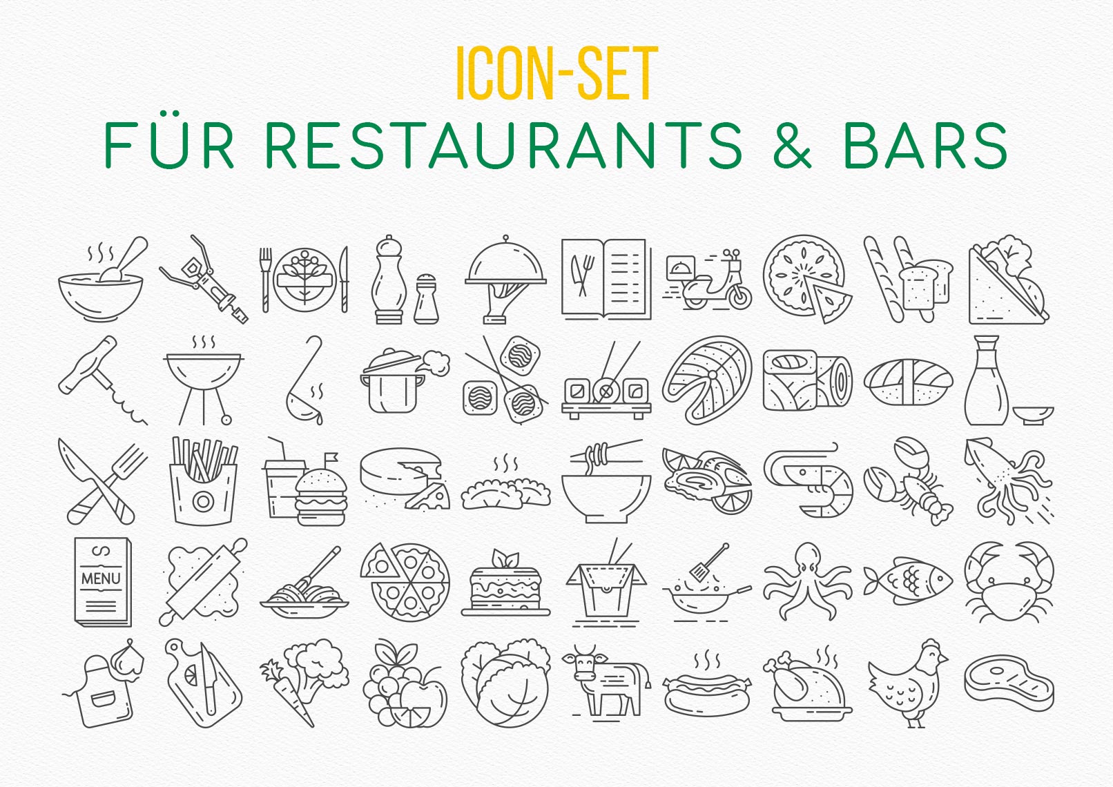 Icons zu den Themen Food und Essen, Drinks und Getränke, Restaurants und Bars