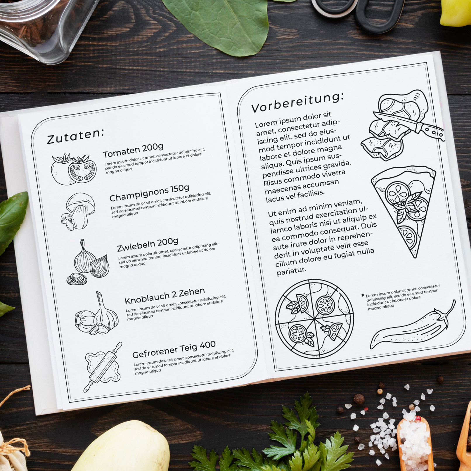 Rezept- und Kochbuch mit Food-Illustrationen