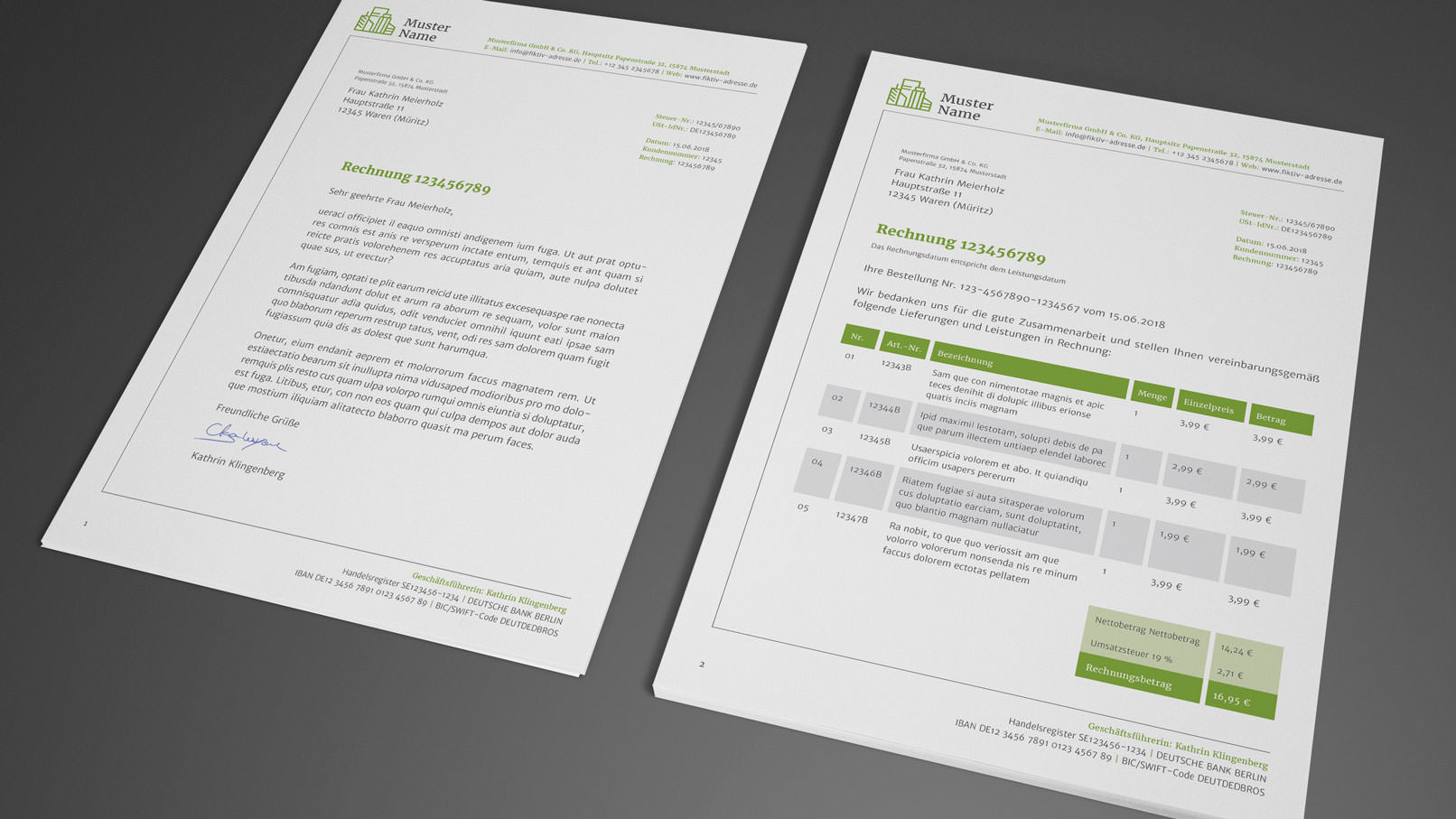 Rechnungsvorlagen und Anschreiben in Grün, bearbeitbar in Word, InDesign und CorelDRAW