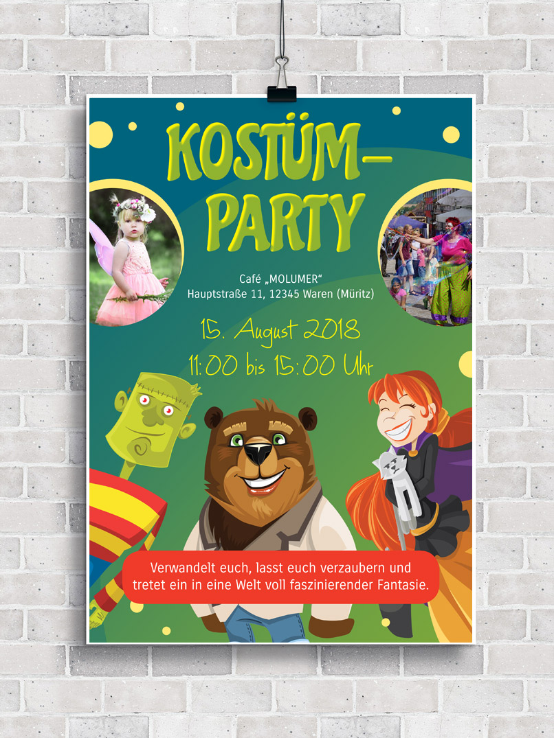 Plakat bzw. Flyer zur Einladung zu einer Kostümparty