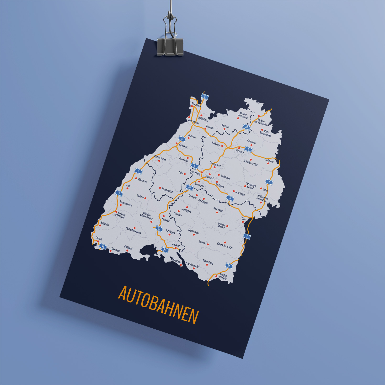 Landkarte von Baden-Württemberg mit Städten, Autobahnen und allen Stadt- und Landkreisen