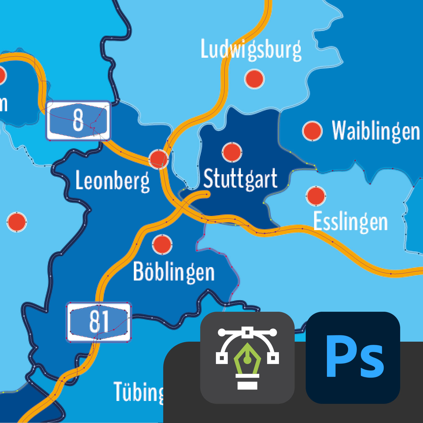 Landkarte von Baden-Württemberg zur Bearbeitung in Photoshop
