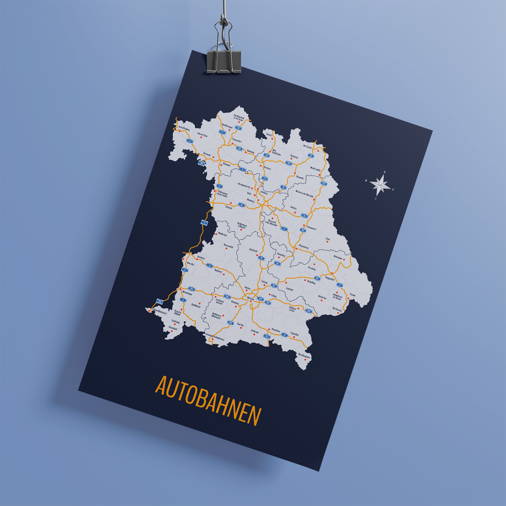 Landkarte von Bayern mit allen Landkreisen und kreisfreien Städten