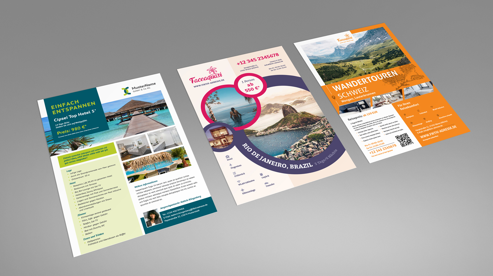Flyer-Vorlagen im A4-Format zur Gestaltung eines Aushangs zur Schaufensterwerbung in Reisebüros