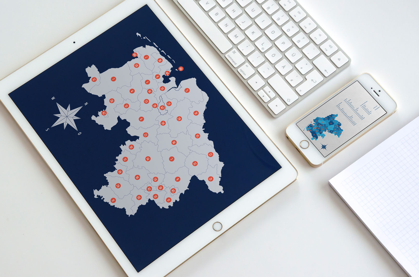 Landkarte von Niedersachsen und Bremen auf Tablet und Smartphone