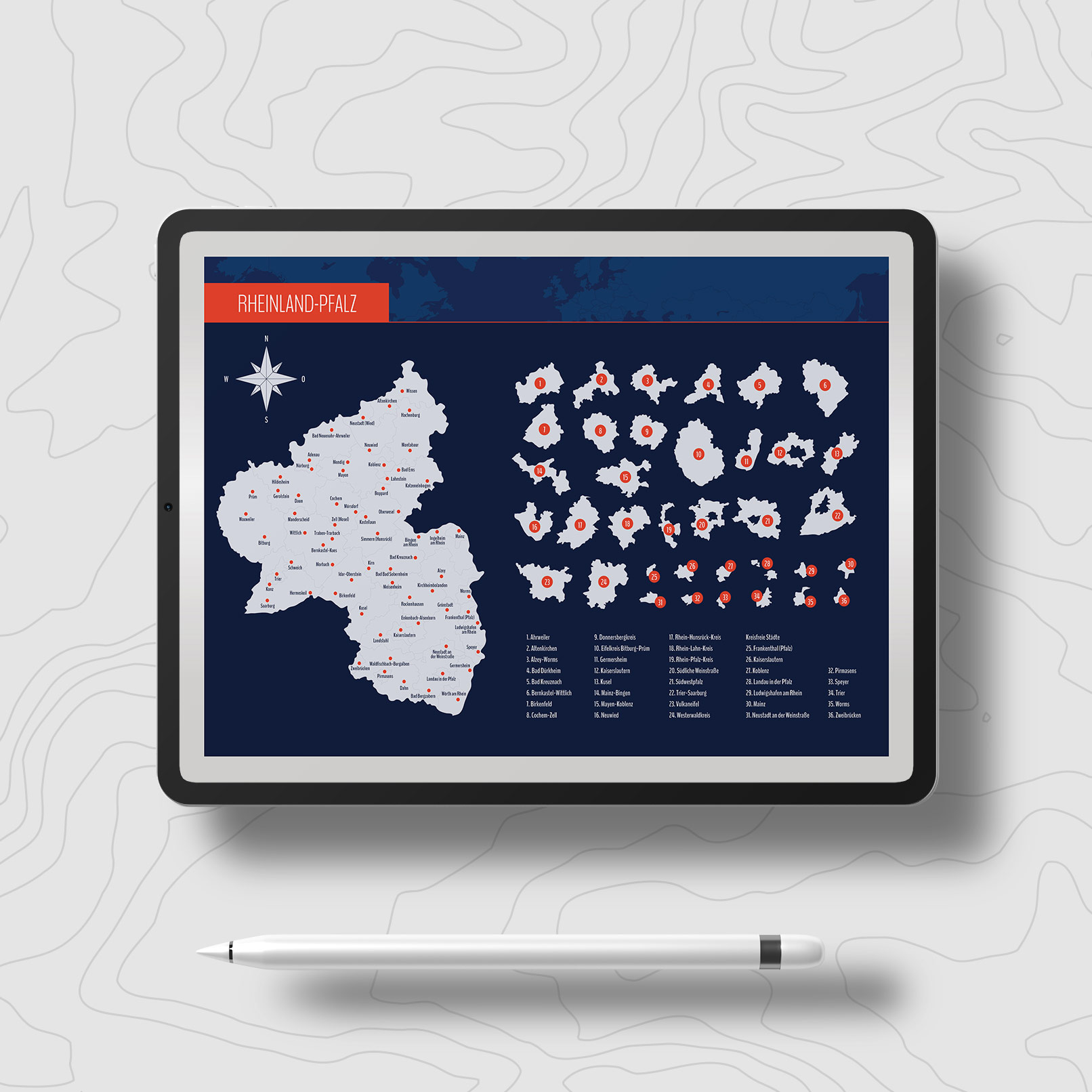 Landkarte Rheinland-Pfalz mit Landkreisen auf einem Tablet