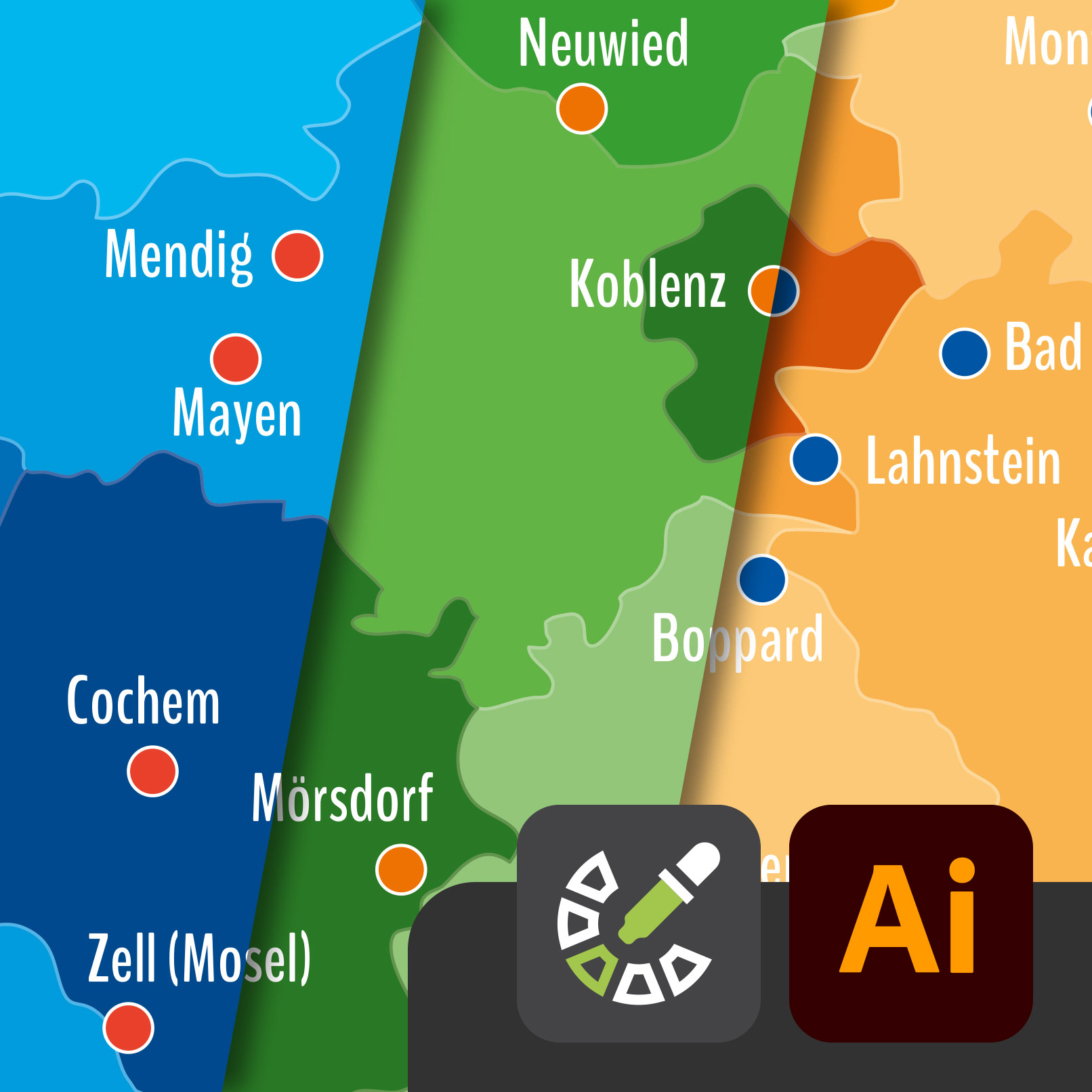 Landkarte Rheinland-Pfalz mit Landkreisen mit Farbänderungen in Adobe Illustrator