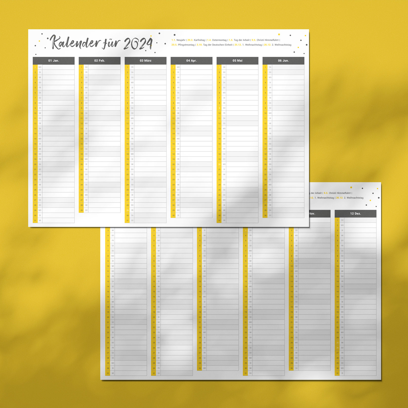 Kalender-Vorlage 2024, Halbjahreskalender A4