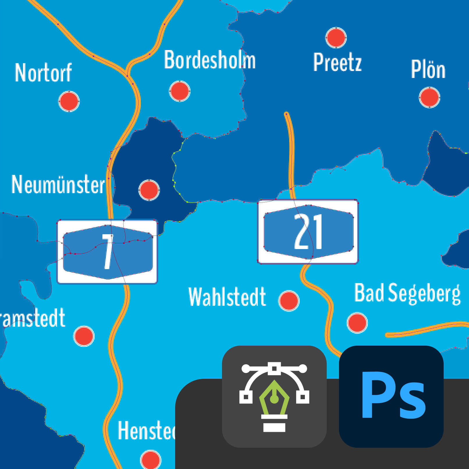 Landkarte Schleswig-Holstein und Hamburg mit Landkreisen für Adobe Photoshop