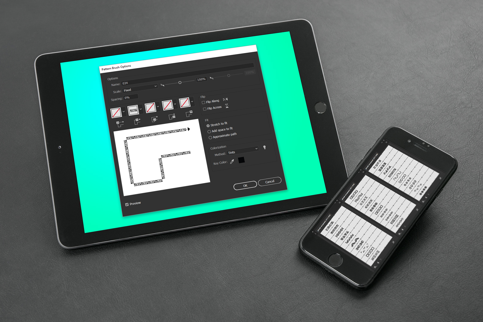 Tablet und Smartphone, die Adobe Illustrator Brushes zeigen