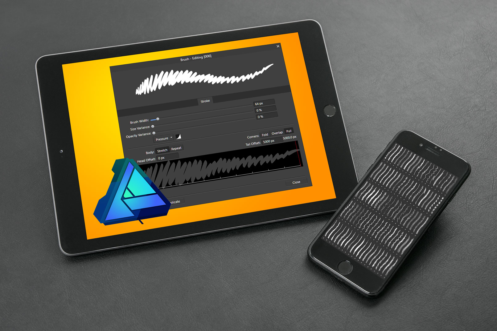 Tablet und Smartphone mit Vorschau auf die Affinity Designer Pinsel