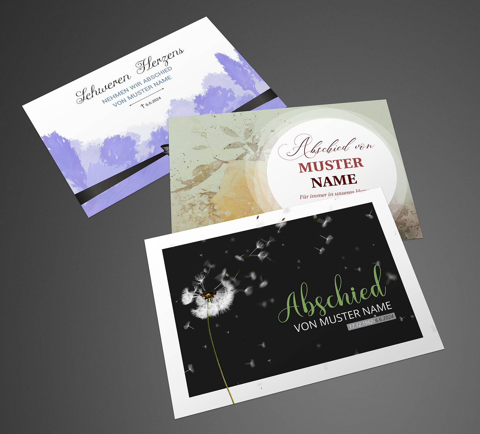 Drei Vorlagen für Trauerkarten zur Einladung zu Trauerfeier und Beerdigung (Vorderseite)