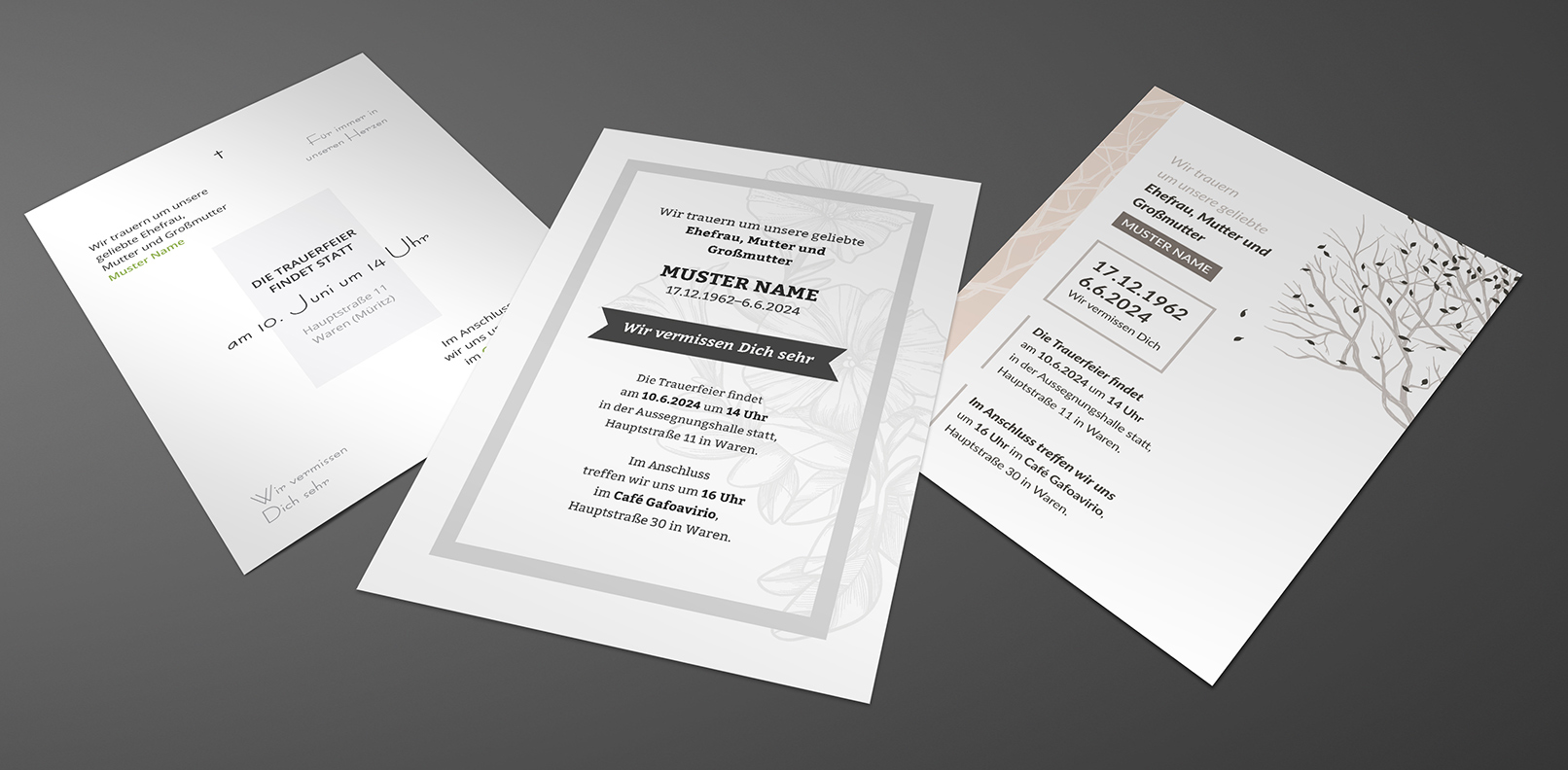 Drei Vorlagen für Trauerkarten zur Einladung zu Trauerfeier und Beerdigung (Rückseite)