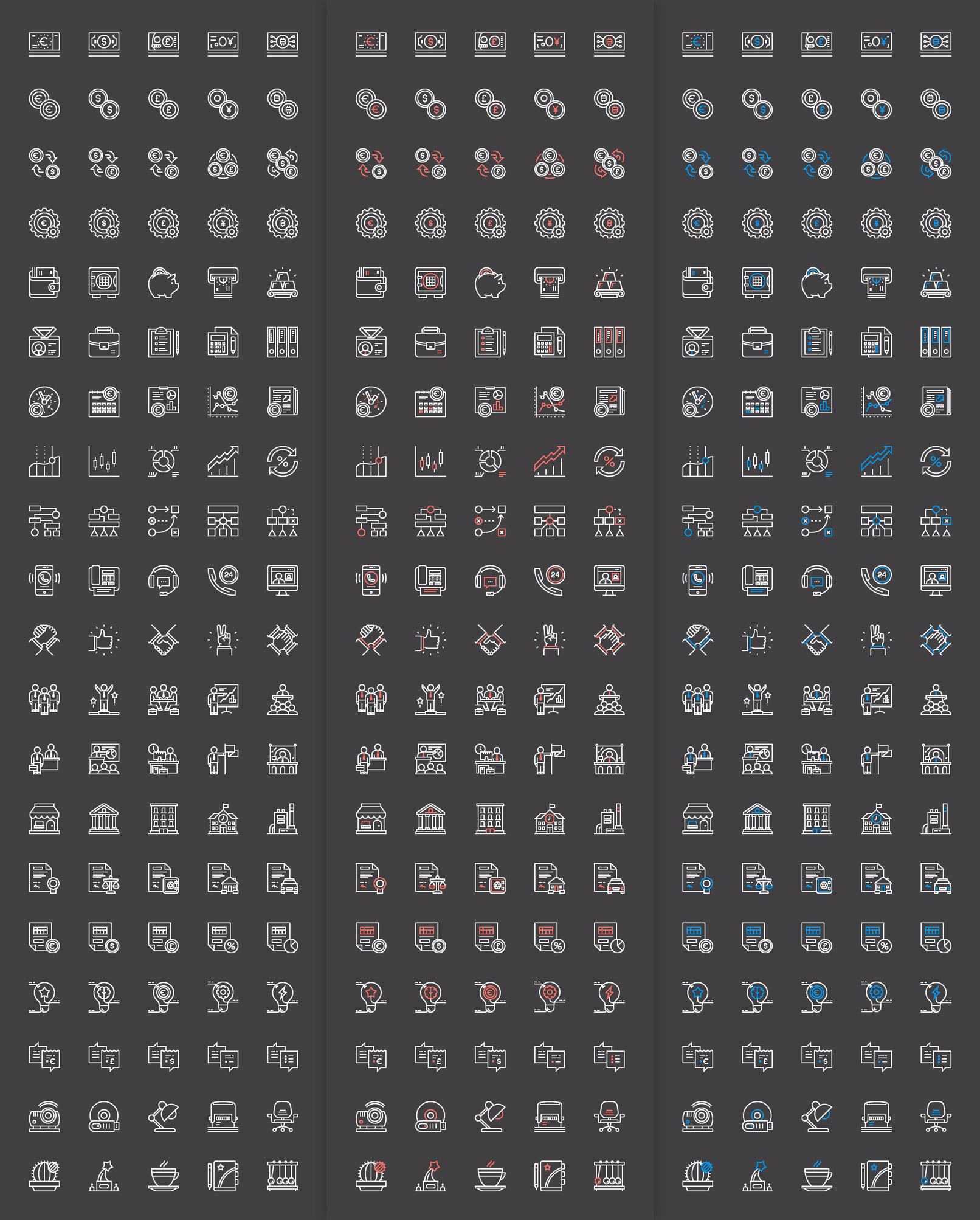 100 Business-Icons zum Download, hier werden drei Farbvarianten mit weißer Kontur gezeigt