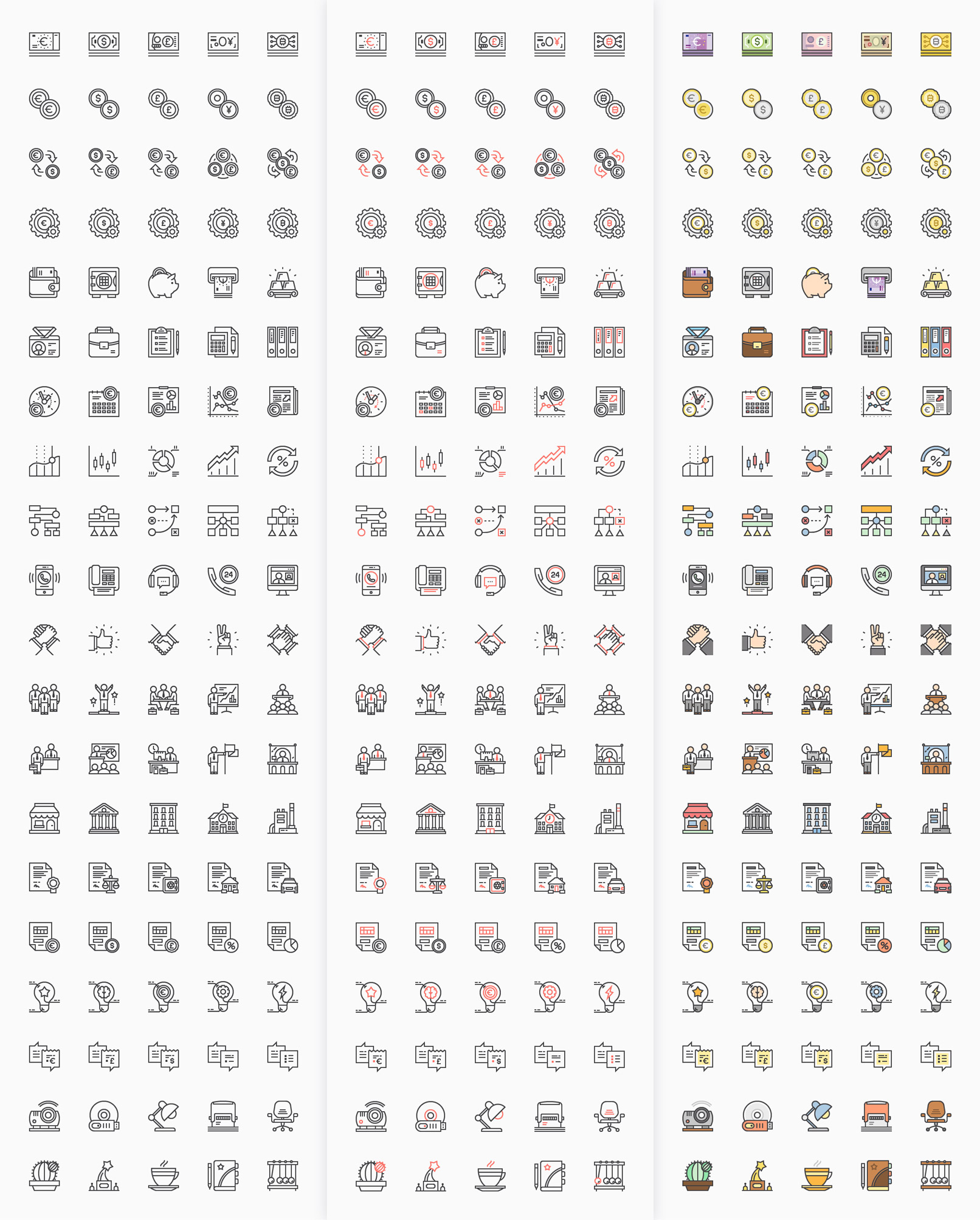 100 Business-Icons zum Download, hier werden drei Farbvarianten mit schwarzer Kontur gezeigt