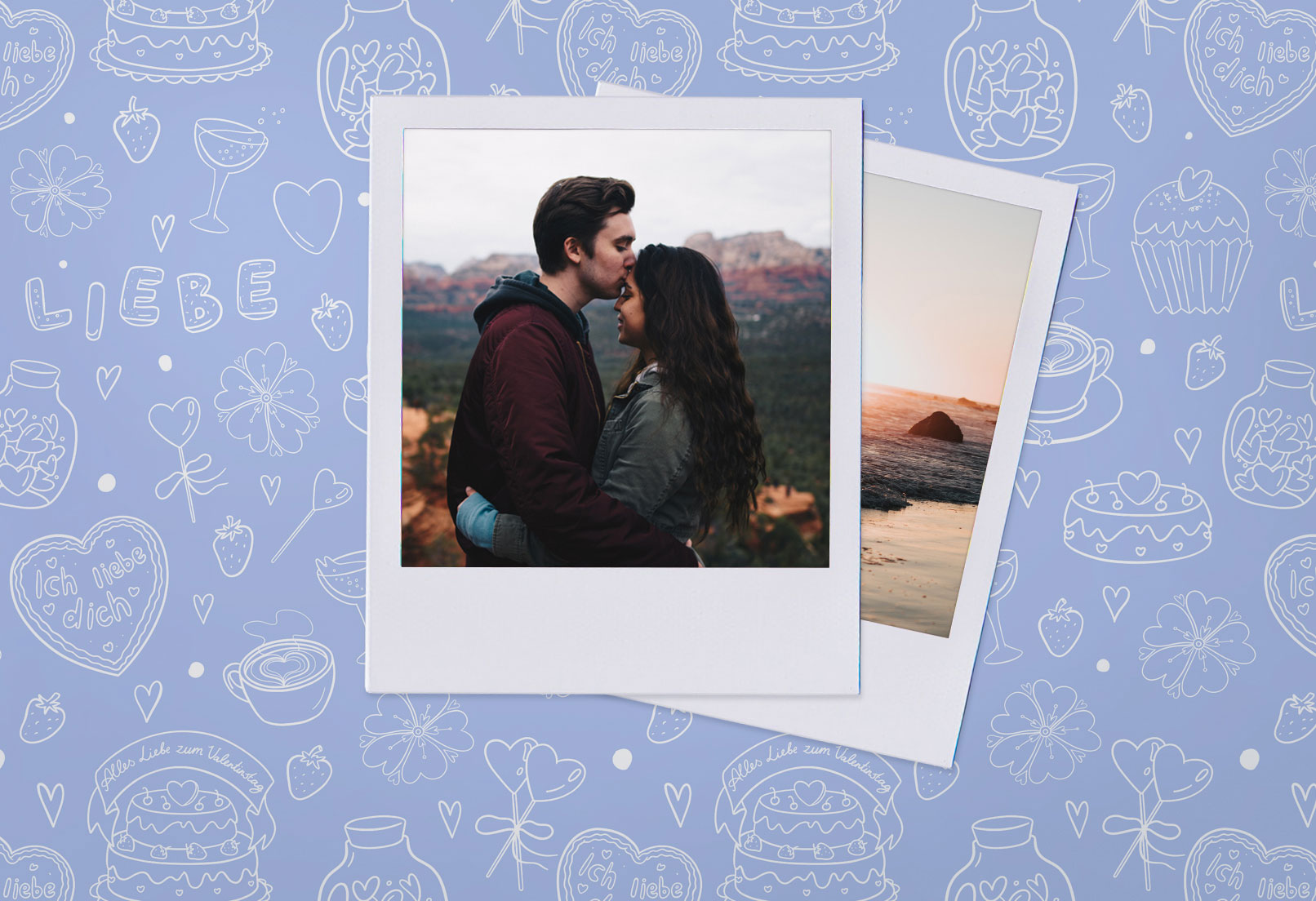 Fotos eines Paares als Polaroid vor einem Hintergrund mit Illustrationen zum Valentinstag
