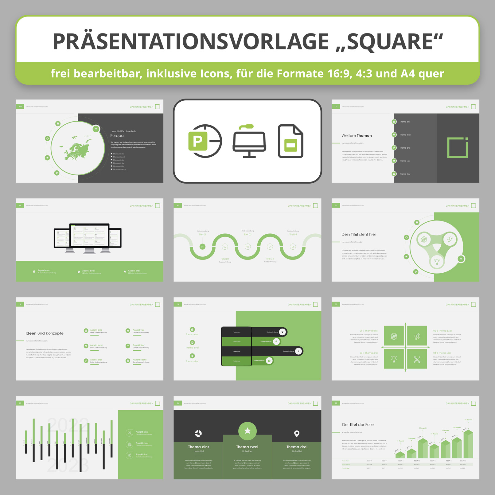 Keynote-, Google Slides-, Microsoft PowerPoint-Vorlagen im Square-Design, Auswahl der 120 Folien