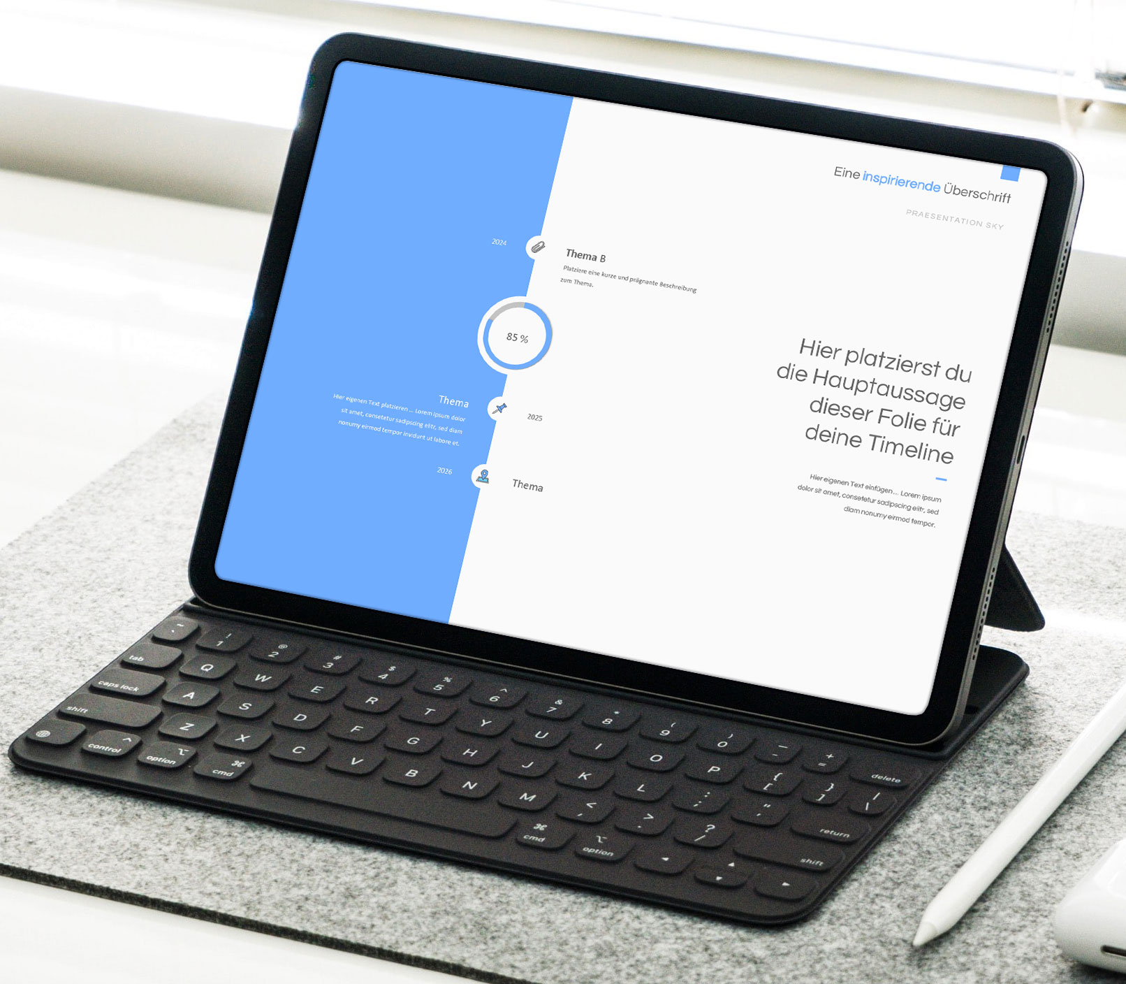Design-Vorlage Sky für Google Slides: Timeline-Layout auf einem Laptop