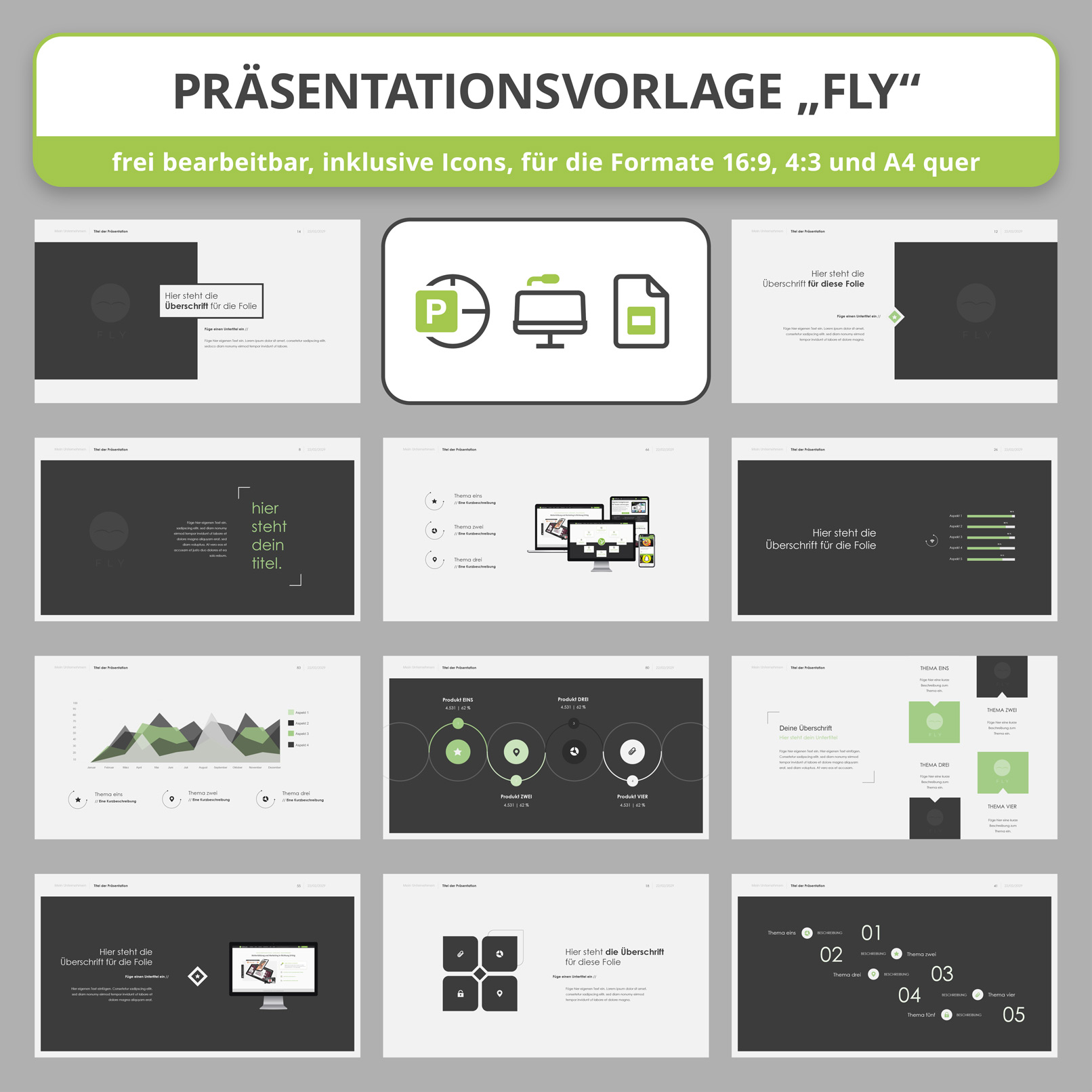 Beispiele aus der Präsentationsvorlage Fly für PowerPoint, Keynote und Google Slides