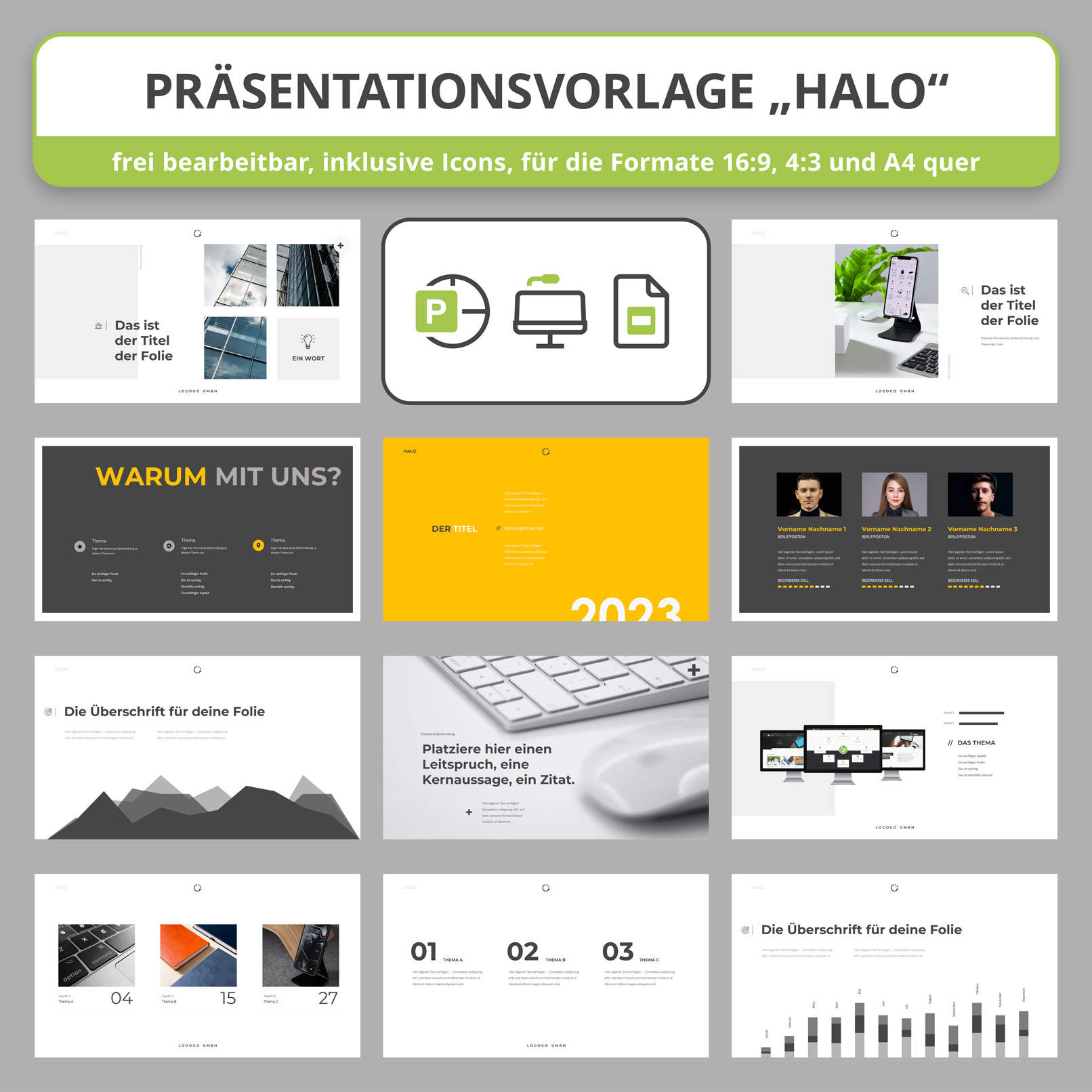Beispielfolien der Präsentationsvorlagen Halo für PowerPoint, Keynote und Google Slides