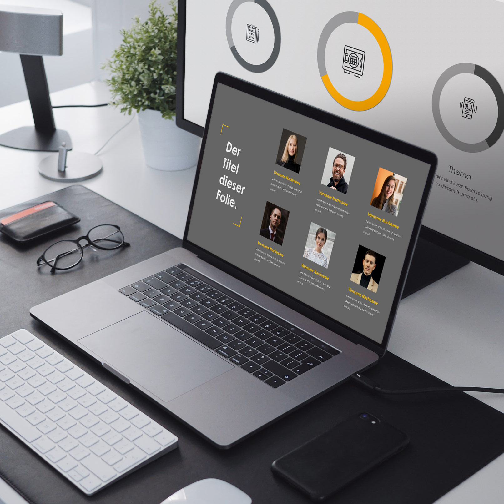 Folien für PowerPoint, Google Slides und Keynote auf einem Laptop und einem Monitor