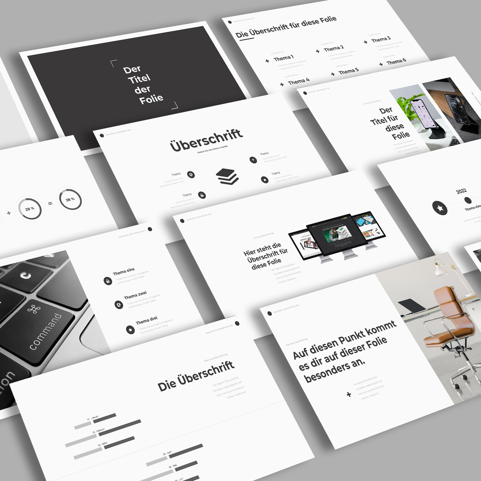 Folien-Vorlagen des MNML-Designs für Präsentationen in Keynote, PowerPoint und Google Slides