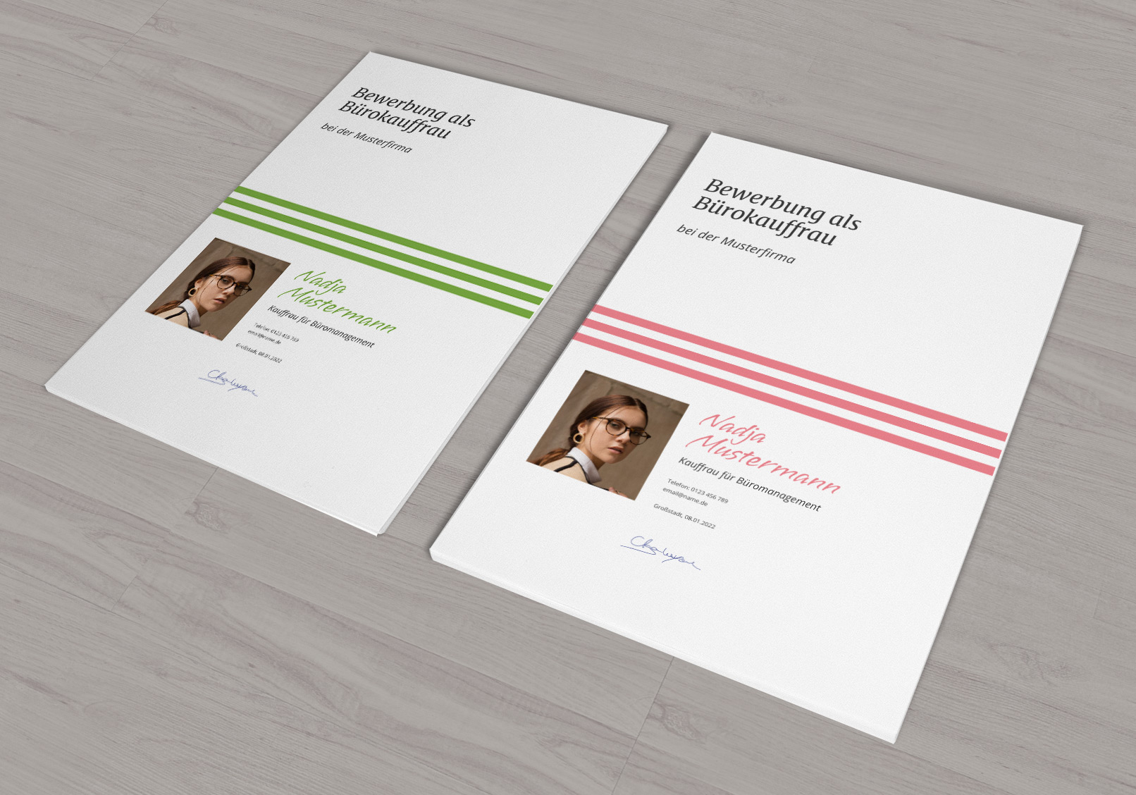 Deckblätter der Bewerbungsvorlage für Büromanagement in den Farben Grün und Coral