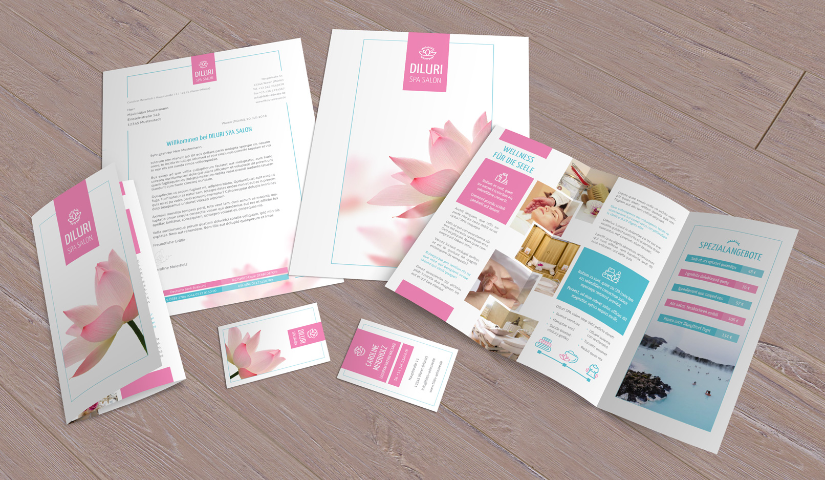 Vorlagen im Corporate Design für den Bereich Wellness und Friseure: Flyer, Briefpapier, Visitenkarten
