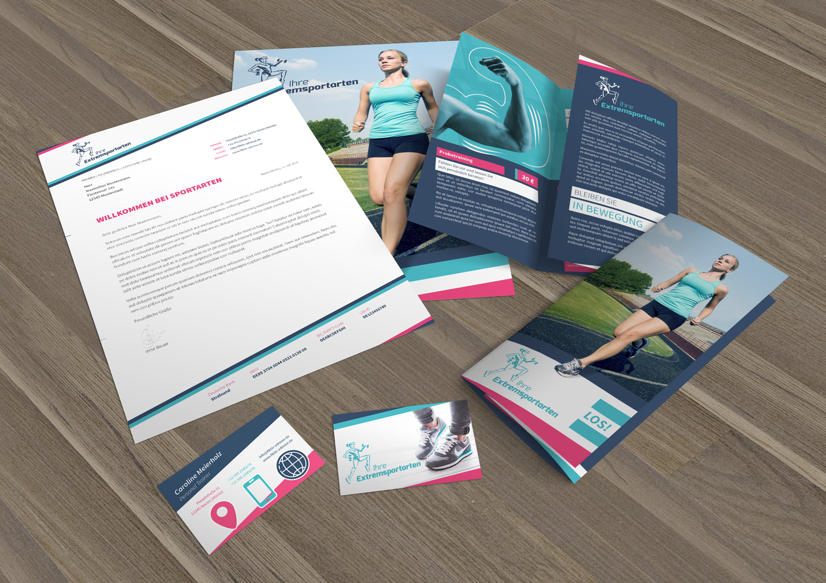 Vorlagen im Corporate Design für den Bereich Sport und Bewegung: Flyer, Briefpapier, Visitenkarten