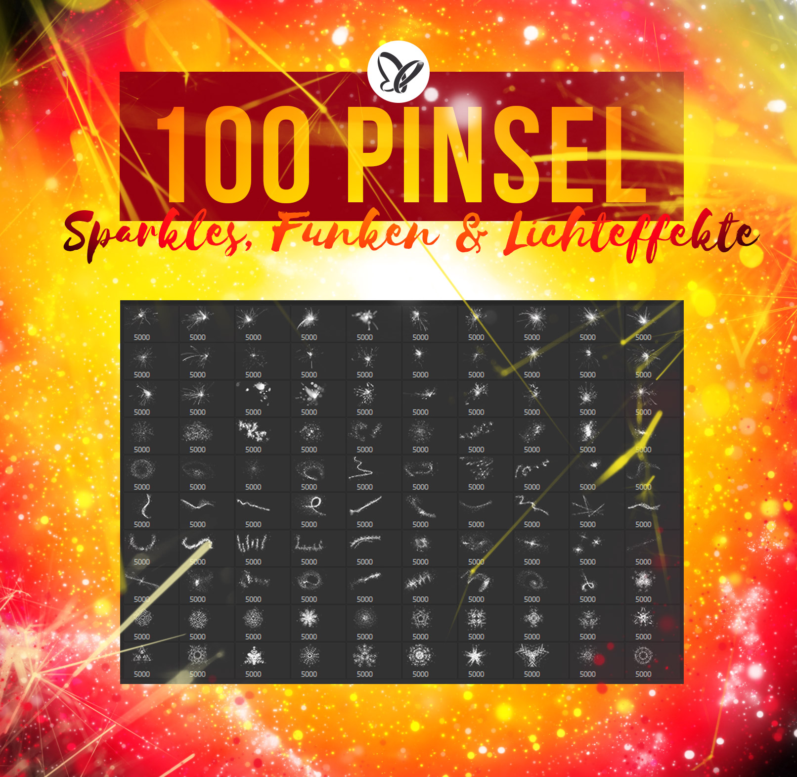 100 Pinsel für Photoshop, Photoshop Elements, GIMP und Affinity Photo mit Lichteffekte, Sparkles, Funken und Leuchtpunkte.