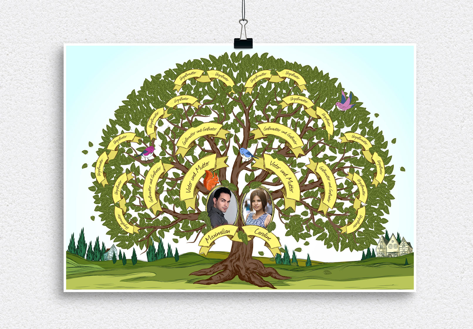 Illustrative & großflächige Vorlage für deinen Familienstammbaum – frühlingsfrisches Blätterwerk
